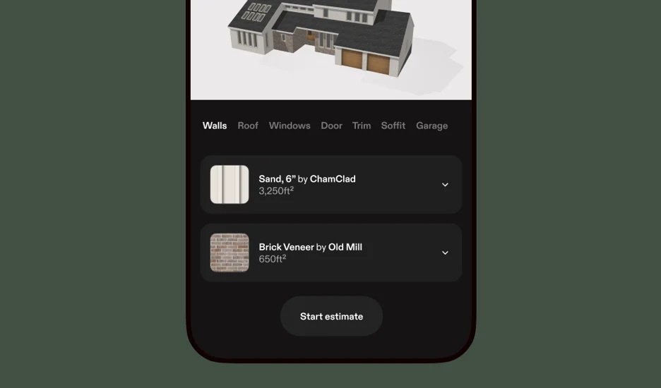 Hover example showing estimate and material planning for home renovation